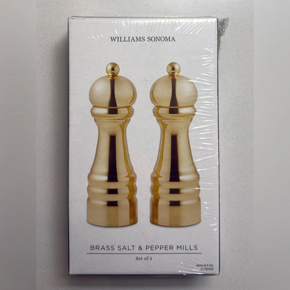 Williams Sonoma Polished Brass 6” Salt & Pepper Mills Set, NIB, Retail $249